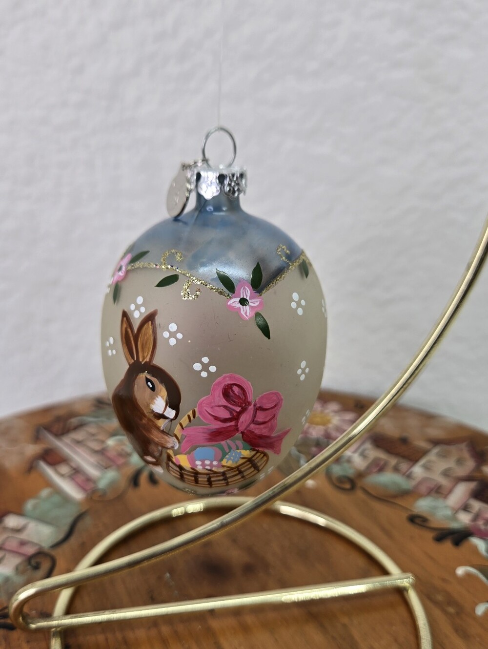 Dept 56 Glass Easter‎ Egg Ornament Hand Painted Bunny Rabbit Basket Holiday VTG
